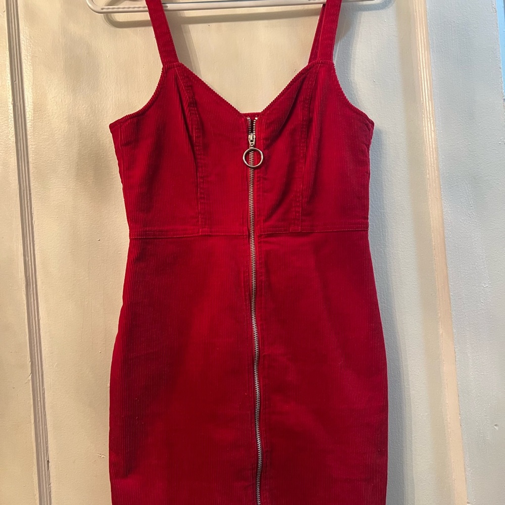 Red Corduroy Zipper Dress